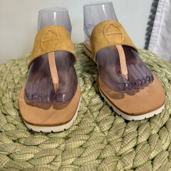 ETIENNE AIGNER Palma Golden Leather/Suede Slip On Flat Flip Flop Sandals - Picture 6 of 10